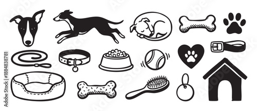 Collection of black hand-drawn dog icons featuring a greyhound, pet accessories, food bowl, kennel, and toys in a simple doodle sketch style illustration set