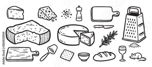 Hand drawn black and white cheese set with various dairy products, kitchen utensils, bread, and wine in a simple doodle sketch illustration style, including a grater and a mouse