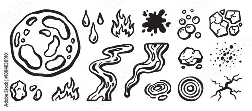 Set of hand-drawn natural element icons representing fire, water, earth, and air in a simple black and white doodle style for various creative design concepts