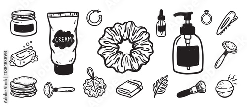 Set of hand-drawn beauty and self-care items in a minimalist black line art style, featuring cosmetic products, bath accessories, and skincare tools for a daily wellness routine