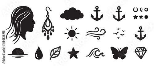 Diverse set of black hand-drawn doodle icons featuring a woman's silhouette, anchor, sun, butterfly, and other nature and nautical symbols in a minimalist graphic style