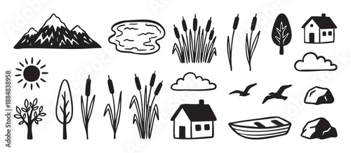 Collection of hand-drawn black and white nature elements featuring mountains, trees, a house, reeds, a boat, and sun in a simple doodle style for landscape design