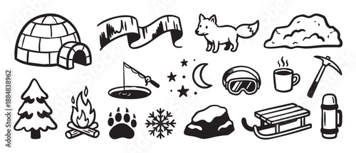 Hand-drawn winter and arctic adventure icon set with a fox, igloo, sled, campfire, and other elements in a black and white minimalist line art illustration style