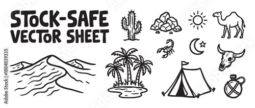 Set of hand-drawn desert themed icons including a camel, cactus, scorpion, oasis, and bull skull in a simple black and white doodle style, a collection of travel and adventure symbols