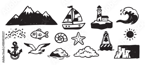 Set of hand-drawn black nautical icons featuring a sailboat, lighthouse, anchor, fish, and wave in a simple doodle sketch style illustration for marine and adventure themes