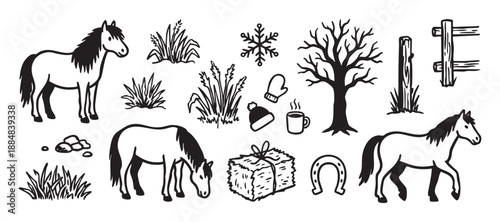 Hand drawn black and white winter farm life illustration set with cute horses, a hay bale, horseshoe, bare tree, and cozy seasonal elements like a snowflake, mitten, and hot drink