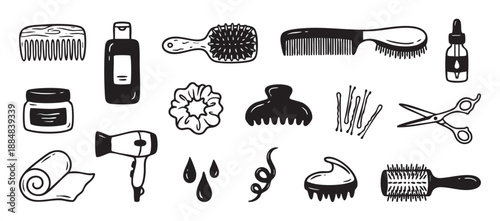 Set of black and white hair care and styling tool icons including a comb, brush, scissors, and hairdryer in a simple hand-drawn doodle style illustration for a beauty salon