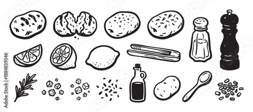 Set of hand-drawn cooking ingredients featuring potato, lemon, rosemary, salt, pepper, and olive oil in a black and white doodle style illustration for culinary concepts