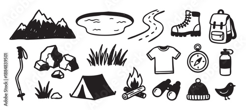 Set of black and white doodle icons for outdoor adventure and nature exploration shows a mountain, tent, campfire, backpack, compass, and hiking boot in a sketchy hand drawn style