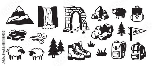 Hand-drawn set of black hiking and camping icons with a mountain, waterfall, backpack, and boots in a simple, bold, graphic doodle style for outdoor adventure and travel themes
