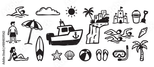 Set of hand-drawn black doodle icons representing summer vacation, beach activities, and travel elements like a boat, sandcastle, palm tree, and swimming people in a simple sketch style
