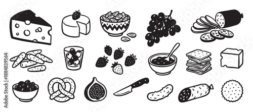 Hand-drawn black and white food icons collection for a charcuterie board with cheese, salami, fruit, and crackers in a simple doodle sketch style illustration set
