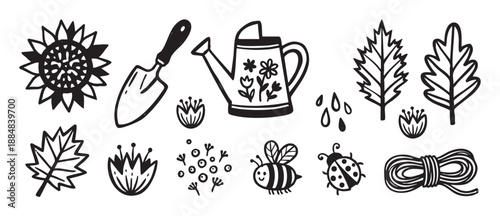 Set of hand-drawn gardening icons including a sunflower, watering can, trowel, bee, and ladybug in a simple black and white doodle style illustration for spring or summer themes