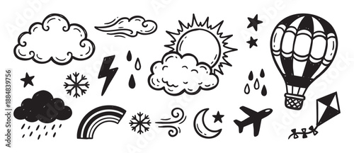 Collection of hand-drawn weather and sky icons in a cute doodle style, featuring a sun, clouds, rain, lightning, snowflakes, stars, moon, airplane, and a hot air balloon