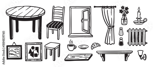 Collection of hand drawn furniture and household items in a simple black and white doodle style, including a table, chair, window, food, and other interior decor elements