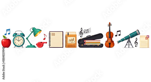 Back to school a colorful illustration of various school and music objects arranged horizontally on a including a clock lamp apple notebook piano violin telescope and music notes