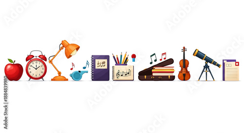 Back to school a colorful illustration of various school and learning objects including an apple, clock, lamp, coffee mug, book, pencils, music notes, piano, violin, and telescope