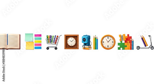 Back to school a colorful assortment of school supplies and office items on a including a book, clock, and puzzle pieces