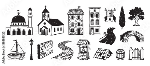 Hand-drawn black and white village elements set with a church, mosque, old houses, boat, and stone bridge in a rustic doodle style illustration collection