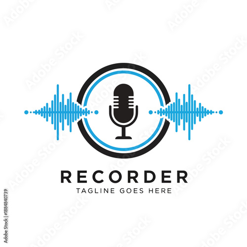 Digital Audio Recording Concept: Microphone Icon with Sound Waves for Media and Communication