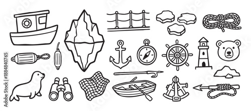 Collection of hand-drawn nautical and arctic exploration icons in a simple black line art style, featuring a boat, iceberg, anchor, compass, seal, and polar bear symbols