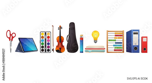 Back to school a colorful collection of school and art supplies on a including scissors tablet paint palette violin guitar case pencil light bulb books file organizer and binder