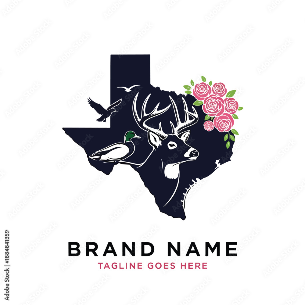 Fototapeta premium Stylized Texas Map with Native Wildlife and Floral Elements Vector Illustration
