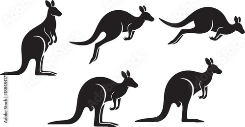 Five black kangaroo silhouettes in various poses on white background showcasing different movements and positions