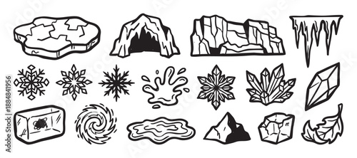 Set of hand-drawn winter icons featuring snowflakes, ice crystals, icicles, a frozen cave, and mountains in a black and white doodle style illustration for cold weather themes