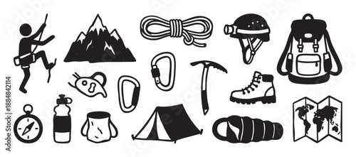 Collection of black graphic icons for mountaineering and hiking, including a climber, rope, tent, backpack, and ice axe in a hand-drawn doodle style