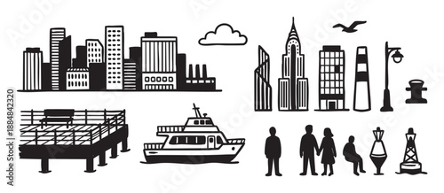 Black and white collection of city waterfront icons featuring a skyline, ferry boat, pier, and people silhouettes in a simple, graphic, hand-drawn illustration style