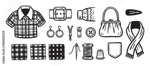 Collection of hand-drawn sewing and clothing icons including a shirt, purse, scarf, and haberdashery items in a simple black and white line art vector illustration style