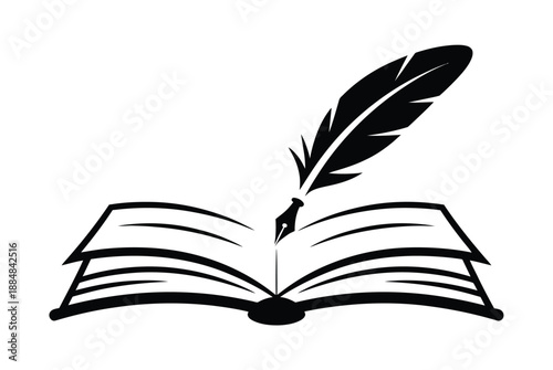 A stylized illustration of an open book with a feather quill pen poised above the pages, symbolizing writing and literature.