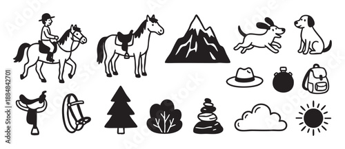 Set of hand-drawn black icons for outdoor adventure and horseback riding, featuring a rider, horse, dog, mountain, and camping gear in a simple doodle style illustration