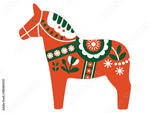 A traditional Dala horse figurine with vibrant floral patterns and Scandinavian design elements on a white background.