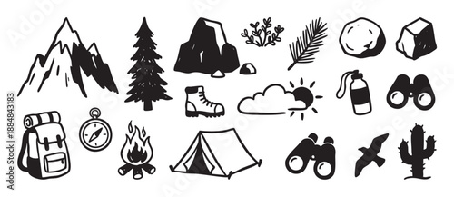 Hand-drawn black and white camping icons set with mountain, tent, campfire, and hiking equipment in a simple doodle style for outdoor adventure themes