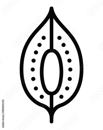 A minimalist black and white illustration of a seed or plant embryo