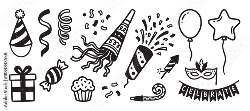 Hand-drawn party celebration doodle icon set with festive elements like a gift box, balloons, confetti popper, cupcake, and streamers in a simple sketch style illustration