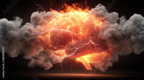 A glowing human brain is engulfed in fire and surrounded by smoke against a dark background