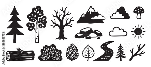 Black and white forest and mountain icons in a hand-drawn doodle style, a graphic collection of nature elements including trees, rocks, a river, sun, clouds, and a mushroom