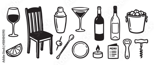 Collection of hand-drawn black and white restaurant and bar icons including a wine glass, bottle, chair, menu, and corkscrew in a simple doodle sketch style illustration set