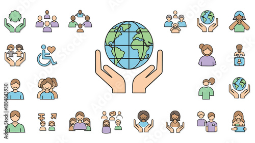 Happy children and cute animals from around the world standing together around the Earth in a fun cartoon style illustration