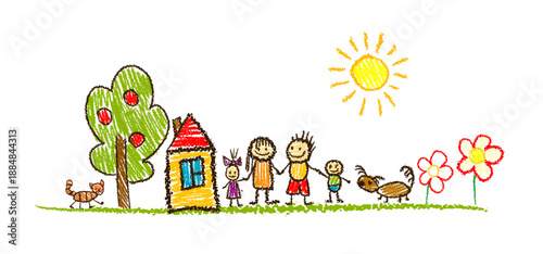 Chalk hand-drawn Family simple children's drawing. Not AI, Vector illustration