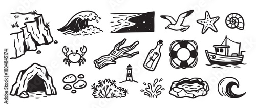 Collection of hand-drawn nautical icons in a simple black and white doodle style, featuring a wave, cliff, boat, lighthouse, and sea creatures