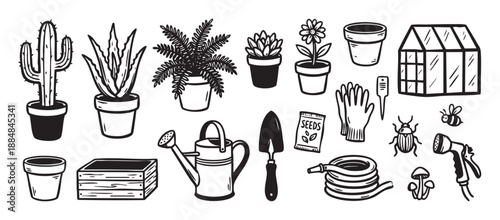 Set of hand-drawn gardening illustrations featuring potted plants, tools, a greenhouse, and insects in a bold black and white doodle style for horticulture and hobby concepts
