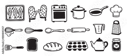 Hand drawn black and white kitchen icons featuring a charming collection of cooking and baking utensils, food, and equipment in a simple, graphic doodle style for culinary concepts