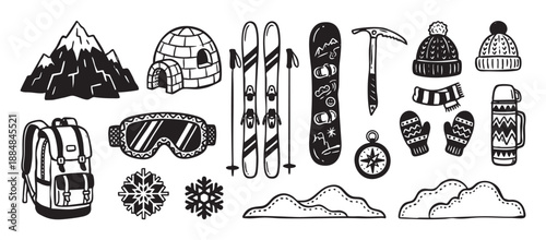 Collection of hand-drawn winter sports icons including skis, a snowboard, mountains, and warm clothing in a black and white doodle style for adventure and travel concepts