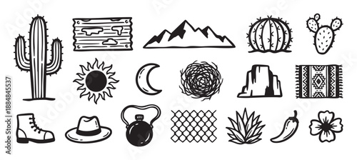 Hand-drawn set of black desert icons in a western doodle style, featuring a saguaro cactus, sun, mountains, tumbleweed, hat, and boot for a rustic adventure theme