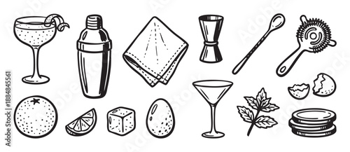 Hand-drawn set of black and white bartending tools and cocktail ingredients including a shaker, jigger, strainer, glasses, citrus, ice, and mint in a doodle sketch style