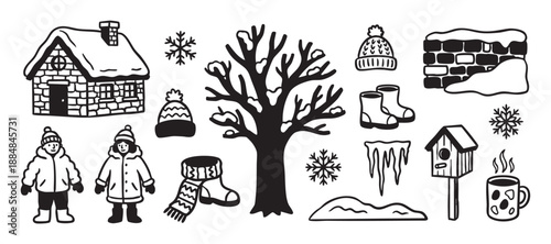 Collection of black and white winter icons featuring a cozy cabin, snowy tree, people in warm clothes, and seasonal elements in a simple hand-drawn doodle style